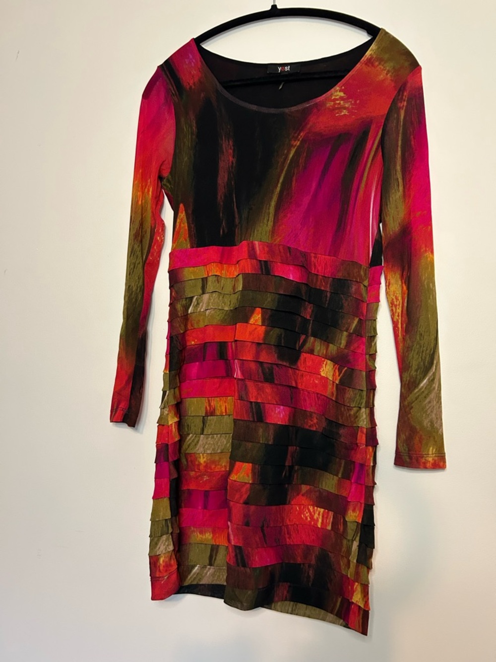 Vibrant Hot Pink/Red & Olive Layered Long-Sleeve Dress